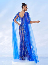 Mesh Sleeve Backless Sequin Mermaid Prom Dress